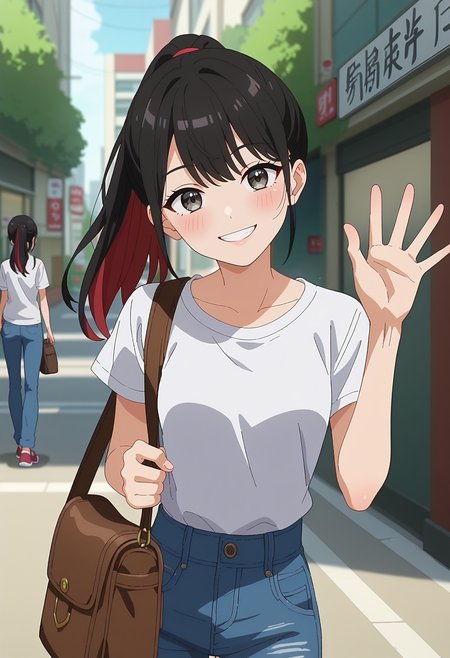 score_9, score_8_up, score_7_up, anime screencap, source_anime, 1girl, solo, 
<lora:Nowa_Dress_up_Darling_V2:.85>, KJOnowa, grey eyes, black hair, multicolored hair, 
high waist jeans, t-shirt, brown bag, ponytail,
smile, waving, head tilt, blush, looking at viewer,
city, street,
(Beautiful, small Breasts:1.2),
