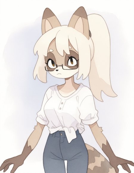 watercolor, colored outlines, 

1girl, solo, furry, anthro raccoon girl, almond-shaped eyes, hazel eyes, (square glasses:1.15), straight blonde hair, long ponytail, (button-up shirt:1.35), 