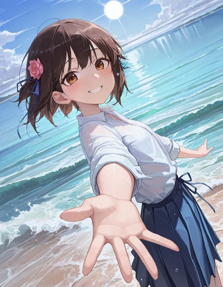 masterpiece, newest, incredibly absurdres, highres, bingwei_huang_style,<lora:bingwei_huang_style:1>,1girl, solo, smile, looking at viewer, ocean, shirt, blush, outdoors, short hair, skirt,reaching towards viewer,hair flower,   white shirt, from side, hair ribbon, ribbon, water, brown eyes, black hair, bangs, waves, brown hair, blurry, blue skirt, grin,depth of field,dutch angle,  scenery, light rays, sun_light,wind