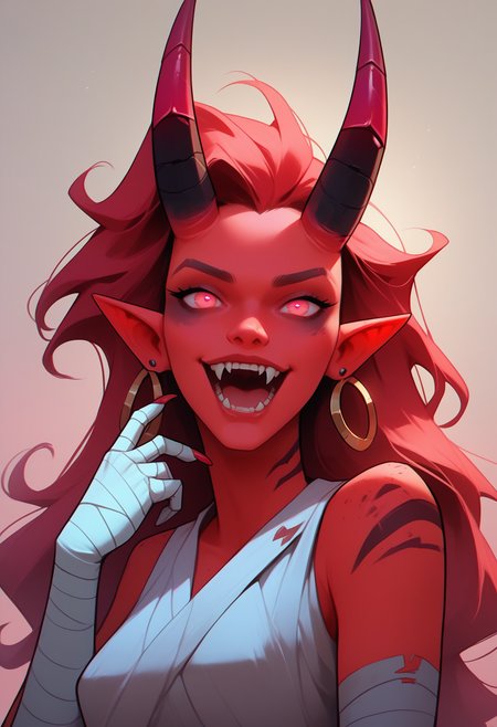 digital painting, all the other Pony quality tags, check the prompts! score_9, score_8_up, score_7_up, score_6_up, score_5_up, score_4_up,
 <lora:DreamPallete:1> dr3am,
1girl, solo, horns, pointy ears, earrings, jewelry, fangs, long hair, looking at viewer, colored skin, red skin, bandages, pink eyes, upper body, gradient background, pink skin, red hair, smile, demon girl, open mouth, sleeveless, bandaged arm, demon horns, teeth, breasts