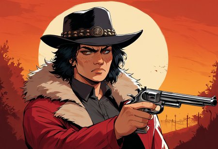 score_9, score_8_up, score_7_up, score_6_up, score_5_up, score_4_up, 4k, 1girl, solo, Red Dead Redemption style, 1800's western painting style, sketch, paperback novel cover art style, american old west
Hanna running and shooting a schofield revolver with her coat flying and hair flying behind her.
BREAK
Hanna is a tan 30 year old female bounty hunter with long black hair, serious eyebrows and brown eyes with dark circles under them, snarling expression.  Wearing a black hat and wearing a (((faded dusty maroon gun fighter long coat))) over a black button up shirt, short, round head, gunfighter, tough woman, medium bust