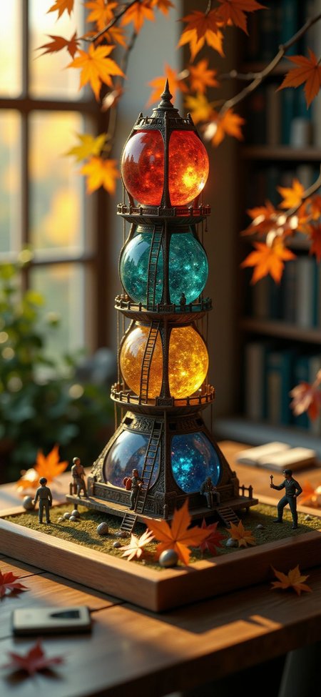 (indoors,indoor,isometric view,side view,tilt-shift lens:2), (fna_style,miniature,miniature,diorama,miniature,diorama,PVC,plastic:2),sunset,autumn giant (multi layers of gem observation tower   sphere vertical:2.5)  is located center, people are climbing with ropes, (in wooden square plate:3) (on table at study:3) <lora:Fantasy_Novel_Art_Style:1> <lora:Rostpunk:0.3>