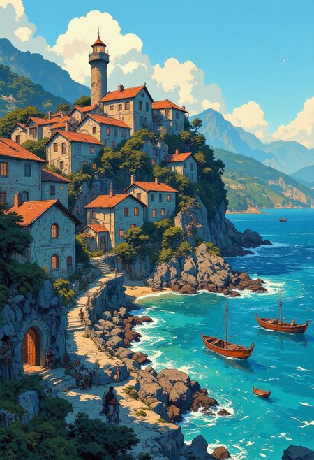 A charming coastal village with stone houses topped with red-tiled roofs, nestled on rocky cliffs by the sea. A tall lighthouse with a glowing beacon stands proudly on the edge, surrounded by lush greenery. Small wooden boats float in the clear, turquoise waters, gently lapping against the rugged shoreline. The village has narrow stone pathways, stairs carved into the rocks, and cozy warm lights glowing from the windows, creating a peaceful evening ambiance. Pixel art style, vibrant colors, high detail, with a nostalgic, serene atmosphere.
