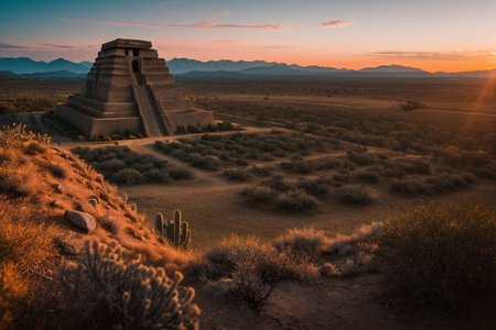 (tall ancient stone towers; 1.39) (ziggurat temple complex emerging from landscape: 1.39) raw photo, a sunset landscape, Arizona desert, Saguaro Cactus, Tall Mesa,  cozy, photorealistic, high detailed texture, 8k uhd, dslr, soft lighting, high quality, film grain, Fujifilm XT3, Sony A7 IV, highly detailed photography, (muted colors, cinematic, dim colors, soothing tones:1.2), vibrant, insanely detailed, hyperdetailed, (dark shot:1.2), (vsco:0.3), (intricate details:0.9), (hdr, hyperdetailed:1.2) (highest coherency: 1.39) (highest quality: 1.39) (rule of Thirds) (award winning) (breathtaking) (masterclass) (vibrant color: 0.79) (distant hillside) (cinematic lighting, David Park, lights,)