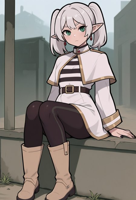  embedding:hda\HDA_MasterpieceXLclassic.safetensors , frid7dren, photo of a woman, white twintails, pointy ears, red earrings, white tunic with caplet and gold trim, white sleeves, striped undershirt, dark leggings, tan boots, black nails, sitting, A post-apocalyptic wasteland with crumbling buildings and scorched earth