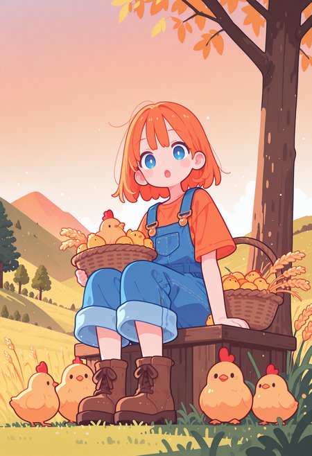 masterpiece, very awa, amazing quality, best quality, newest, highres, absurdres, 1girl, solo, orange hair, blue eyes, open mouth, :o, orange t-shirt, overalls, blue overalls, brown boots, looking at viewer, sitting, holding, holding basket, fruits, chicken, chick, grass, tree, hill, sunset, wheat, Flatline, Flat vector illustration, no lineart,no outline, haiz_ai <lora:NOOB_vp1_detailer_by_volnovik_v1:0.3> <lora:ponyv6_noobV1_2_adamW-000017:0.3> <lora:illustriousXL_stabilizer_v1.23:0.3> <lora:checkpoint-e18_s306:1.4> <lora:haiz_ai_illu:0.8>