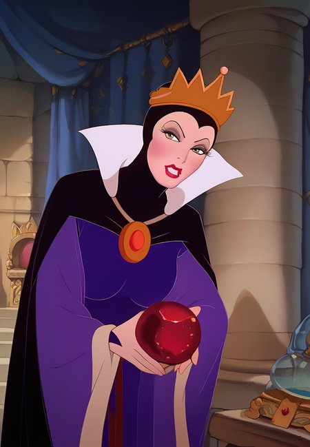 score_9, score_8_up, score_7_up, score_6_up, <lora:Queen_pxl_V0.0-000050:0.95> qu33n gr1mh, 1girl animation, retro artstyle, disney style, standing, holding a single red apple, white ruff, purple robes, black cape, gold crown,wide sleeves
location: inside castle, indoors
<lora:Smooth Anime 2 Style SDXL_LoRA_Pony Diffusion V6 XL:0.5>   
<lora:Disney Renaissance Style (Pony):0.5>