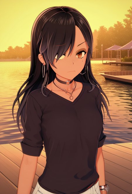 source_anime, score_9, score_8_up, score_7_up, score_6_up, score_5_up, score_4_up, 1 girl, solo, <lora:Chika_Chosokabe_from_LIL_PonyXL:1>, chika, gyaru, black hair, hair over one eye, bangs, hoop earrings, hoop earrings, choker, shirt, upper body, black choker, necklace,, (floating castle), Fishing,