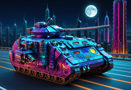 vibrant colors, shiny_skin, prefect lighting, detailed image, snoozing, masterpiece, best quality, highly detailed, ultra quality, 3DMM, Fractangles, made out of fractangles, 
(Tanks, (predtank)), 
On the road, outdoors, neon lights, glowing, city, skyscraper, building, sciencefiction, electricity, night, moon, moonlight, 