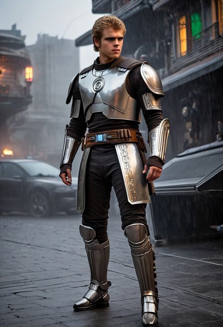 Anakin Skywalker, 18-years old, (((full-body))), blonde hair, bracers armor, jedi armor, wide shot, (((full body)), street, Breathtaking, 8k resolution, extremely detailed, beautiful, establishing shot, artistic, hyperrealistic, ultra realistic render, extremely fine details, like-like render, cinematic lighting, dramatic volumetric lighting, masterpiece, light brazen, extremely detailed and beautiful face, 150mm, HDR10 <lora:Wowifier:0.69> <lora:Details:0.85>, starwars, in heavy raining futuristic  rooftop cyberpunk night, sci-fi, fantasy, intricate, very very beautiful, elegant, neon light, highly detailed, concept art, soft light, hdri, smooth, sharp focus