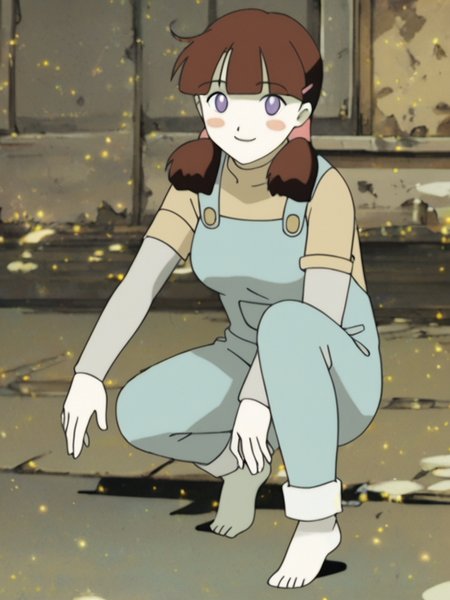 source_anime, score_9, score_8_up, score_7_up, anime screencap, solo, looking at viewer, smile, barefoot, barefoot, 1girl, <lora:Tami_(TheBigO)_v0a:0.8> tami_\(the_big_o\), pale skin, brown hair, blush stickers, purple eyes, twintails, hairclip, medium breasts, 1990s \(style\), (aged up:1.2, mature female:1.2), overalls:1.2,