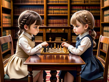 (anime:0.7),

two female babies sitting opposite each other, dressed elegantly, playing chess in a formal English library