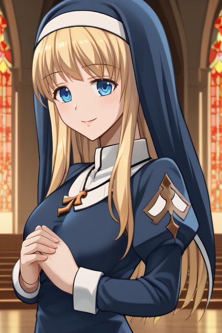 score_9, score_8_up, score_7_up, source_anime, rating_safe, intricate details, anime screencap, official style, 1girl, solo, <lora:PONY_Saint_EmilianaV2:1>, saintemiliana, blonde hair, long hair, blue eyes, nun, habit, long dress, necklace, large breasts, looking at viewer, smile, cathedral, upper body, praying, own hands together, five fingers