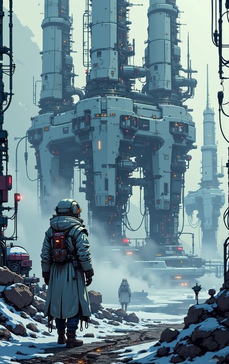 <lora:ck-nc-pastel-cyberpunk:1.1> A digital artwork in the style of cknc, A scientist walks towards the camera as he stands before Artemis Station, looking at the viewer, They wear a long, insulated trench coat made of reflective, metallic fabric that shimmers in the pale sunlight. The coat has a high collar, partially concealing their face, while their head is covered by a hood lined with futuristic gadgets—small sensors and antennas scanning the environment. Their eyes, visible beneath the hood, have a faint glow, suggesting cybernetic enhancements. Visualize Artemis Station as a towering, enigmatic structure rising from a cold, fog-laden world. The massive white spires stretch skyward, their dark metallic surfaces glistening with condensation from the mist. Each tower is adorned with intricate, glowing lines of orange and blue lights, hinting at the advanced technology within. The fog is thick at ground level, muffling sounds and creating an eerie, quiet atmosphere, while faint mechanical hums reverberate through the air. In the distance, other towering monoliths fade into the fog, creating a sense of endlessness. The lighting is soft and diffused, with occasional beams piercing through the fog from docking bays, casting long, dramatic shadows. The camera is set at ground level, looking up at the overwhelming scale of the station, emphasizing its imposing and mysterious nature.
