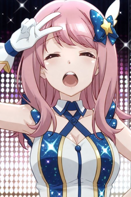 detailed background, shiny skin, posing,
heart, bloom, glitter, sparkle,
<lora:prisma.il:1>,
prisma,
nanami, 
idol costume, upper body, open mouth, peace,