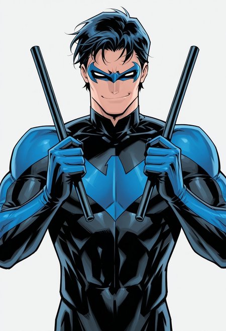 Grey background, simple background, solid color background, 2d, 1male, solo, 
DC Comics, Nightwing, toned male, black hair, white eyes, no pupils, domino mask, black bodysuit, blue trim, insignia, 
Upper body, front view, smug expression, smirk, looking at viewer, Hands up, holding weapons, weapons, batons, dual batons, escrima sticks,