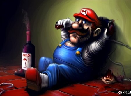 Mario is drunk and dirty, drinks a  wine bottle by rob_sheridan_drawing_style <lora:rob_sheridan_drawing_style:1>