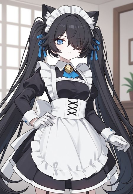score_9, score_8_up, score_7_up, (Maid-kasli), solo, white gloves, dress, hair over one eye, maid apron, blue eyes, twintails, cat ears, maid headdress, maid, gloves, 1girl, apron, juliet sleeves, long sleeves, long hair, black hair, animal ears, bell, looking at viewer, closed mouth, indoors, (white skin, pale skin), (((on hand on hip)))