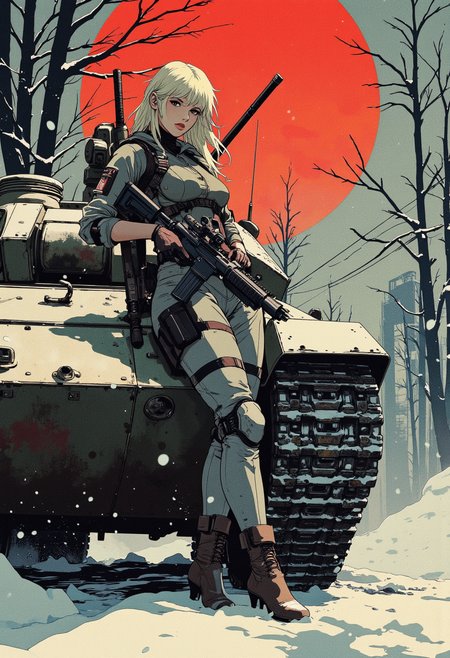 Image is a close up digital fantasy artwork featuring female soldier character leaning against a tank. She has pale skin with blonde hair. She's wearing a tactical bodyuit with a sniper rifle in her hands and katana on her back. The background is of a snow, winter, red moon, barren forest, winter city.