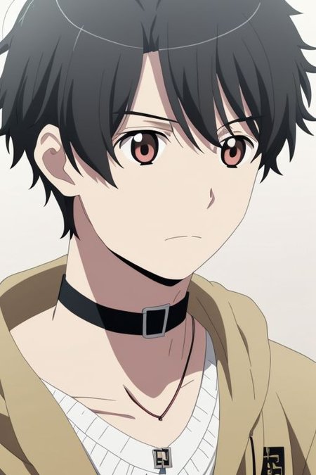 high resolution, solo, best quality, 1Boy, Inaho Kaizuka, Black Hair, bangs, necklace, choker, hair between eyes, Hoodie, OverallDetail