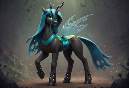 score_9, score_8_up, score_7_up, Artist:Dragk, BREAK,1girl, solo, cowboy shot,feral, pony, mare, Queen Chrysalis, standing, bug thighs, eye lashes, stable, dark, (seductive smile),(((side_view,full_body)))