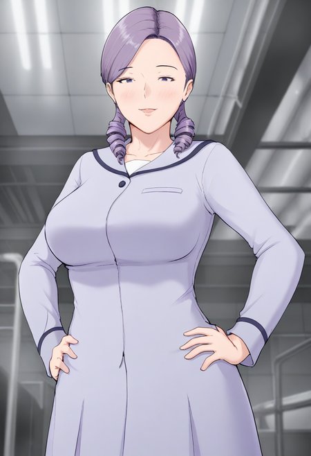 masterpiece, best quality, amazing quality, 1girl, mature_female, solo, large breasts, Standing with hands on hips, cute, confident expression, from_below, Lavender Navy Uniform, twin drills, cornrows, salt-and-pepper hair, factory, cowboy_shot, <lora:Illustrous\horsetail_illu:1.0>