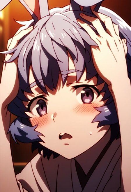 score_9,score_8_up,score_7_up,source_anime,iyo (big order),1girl,solo,looking at viewer,blush,open mouth,animal ears,rabbit ears,hands on own head,