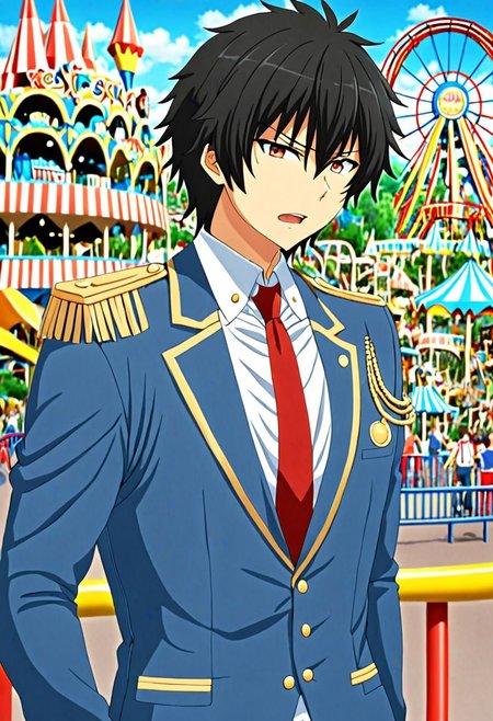high resolution, solo, best quality, 1Boy, Seiya Kanie, black hair, Manager, Wihite Shirt, Blue Jacket, theme park, gold aiguillettes, red tie, OverallDetail