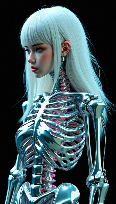 a photorealistic close-up of a futuristic female character with a pale, ethereal face that retains soft, human features and long, flowing hair with long bangs that glows faintly. The character’s body transitions into a glossy, metallic skeleton from the neck down, with ribs, spine, and limbs that resemble polished bone. These bones reflect iridescent colors—teal, pink, and violet—adding a chameleon-like quality. Her ribcage and skeletal arms look organic yet machine-like, connected with wires and joints that suggest advanced robotics. The black background emphasizes her glowing elements, casting soft, dramatic shadows that enhance her otherworldly aura. Maintain a high level of detail, focusing on the textures and reflective qualities of the metallic skeleton while capturing the ethereal softness of her face and hair.