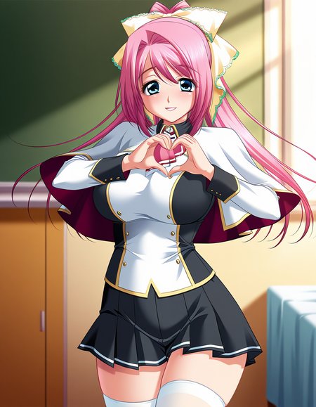 masterpiece, best quality, amazing quality, very aesthetic, high definition, official art, ultra detailed,
1girl, solo, r1dd1m, blue eyes, pink hair, long hair, ponytail BREAK school uniform, black skirt, white thighhighs, 
blush, smile, parted lips, looking at viewer, standing, pinup, heart hands, room, cowboy shot, sharp focus, depth of field, highly detailed, detailed skin, volumetric lighting, soft shadows<lora:riddim(gakuen_3) v1.0-000019:1>
