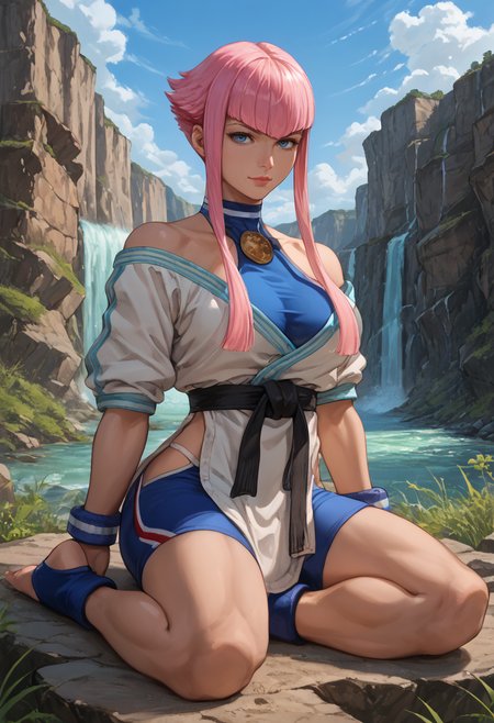 score_9, score_8_up, score_7_up source_anime BREAK 1girl, solo, looking at viewer, cowboy shot,
 <lora:ManondefDwnsty-000009:1>, manonsf, pink hair, blue eyes, short hair with long locks, toned, androgynous, stirrup legwear, toeless legwear, feet, 
large breasts, skindentation, smirk, lips, wind, wariza, w sitting,  <lora:Wariza__Concept_Lora-000004:1>
outdoors, training, stone, cliff, waterfall, landscape, blue sky,