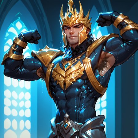 score_9, score_8_up, score_7_up, absurdres, intricate details, masterpiece, best quality, expressiveh, source_anime, screencap, high quality cg, 1boy, jarvan, helmet, armor, Black skinsuit, medium hair, solo, male focus, castle interior background, torso and above portrait, narrow waist, tiny waist, flexing biceps, dripping sweat, wet armpit hair, excessive pube hair, excessive chest hair, v-taper, look at viewer, smirk

shiny skin, shiny