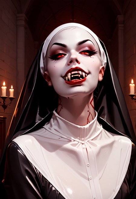 (score_9, score_8_up, score_7_up) vampire nun on girl, high quality, a female vampire nun wearing tight shiny black and white latex habit bites the neck of a girl wearing white, blood trickle, black dress,dress, skintight covering her upper body, split up the side to show off her toned legs, toned body, beautiful face, seductive smile, showing her two long vampire fangs, f4ng, small fangs, fangs, blood red lips, very pale white skin, (vampire_seductress, 2_vampire_fangs, red eyes), vmprbt, inside a church, dark, night, fangs, seductive pose, handfixer