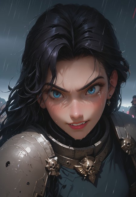 1girl, solo, 24 year old woman, large build, kneeling:1.4, beautiful, long hair, dark purple hair, freckles:1.4, face uplifted:1.6, looking up, looking at the sky, earrings, fierce grin:1.5, crying:1.5, teeth clenched:1.4, angry smile:1.5, wide hips, knight armor:1.5, heavy armor, gauntlets, greaves, bright blue eyes, arms at her sides, rain falling on her face:1.5, tan skin, on knees, tears on chin, tears on cheeks,

dusk, after battle, muddy field, some grass, fallen soldiers around her:1.4, storming, dark gray sky, dark sky:1.4, streaming banners, battlefield, intense rain:1.3, dreary, raining, overcast, mountains and hills in the background,

score_9, score_8_up, score_8, masterpiece, best quality, official art, extremely detailed, CG unity 8k wallpaper, absurdres, high definition, photorealism:1.5, detailed shading, high contrast, ambient occlusion, vivid colors:1.5, saturated colors:1.6, 

downward angle:1.3, cowboy shot, cinematic, from above:1.3,

expressiveh, whites40k, tears, 