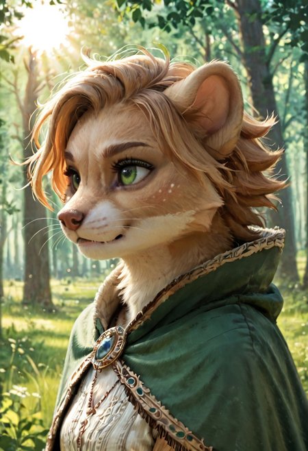 score_9, score_8_up, score_7_up, score_6_up, solo, stoat, beige fur, freckles, fantasy clothes, green clothes, blond hair, green cape, female, forest background, lush field background, field, sun, weasel, green eyes, fullbody, bright hair