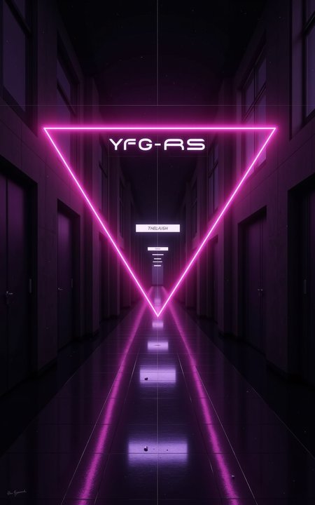 YFG-SRS, rbcharc0al, A dimly lit hallway with neon signs and a neon triangle