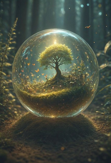 photography,(vibrant colors:0.8),
a fantastic landscape at night covered in magical plantlife, everthing contained in a glass sphere sitting on a desk, desk, small bright fairies, bright butterflies, bioluminescent trees,
(quantum waveform:0.7)