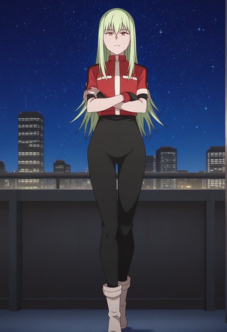 masterpiece,perfect quality,best quality,absolutely eye-catching,absurdres,highres,newest,anime coloring, anime screencap,(1girl,solo), Amber_Adult, Adult,  green hair, brown eyes, long hair, black pants, red jacket, uniform, fingerless gloves, boots, looking at viewer, arms crossed, standing, city, tokyo, night, skyline, stars, sky, night sky, starry sky