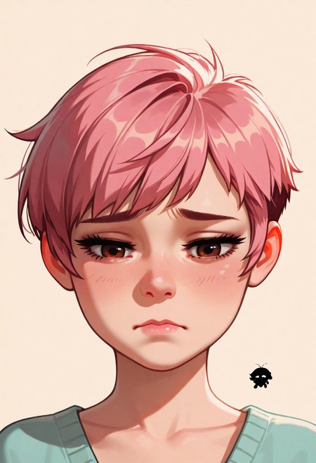 chibi, high contrast, masterpiece, best quality, amazing quality, very aesthetic, retro artstyle, realistic, promotional art, newest, volumetric lighting.
(artist:incase:0.5), (artist:tsuaii:0.5), color theory,
1girl, face, solo, straight-on, focus on face, front view, portrait, (sad: 1.5), Pixie cut, pink hair, brown eyes, luminescent background, simple background.