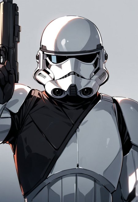 masterpiece, best quality, BREAK stormtrooper, helmet, solo, 1boy, male focus, gloves, upper body, looking at viewer, holding weapon, holding gun