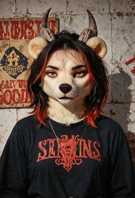 score_9, score_8_up, score_7_up, Vintage photo, 1970s, BREAK, 
Zephira Satanova, (furry:1.4), female, bear ears, short hair, tan fur, black hair, red highlights, red eyes, horns, grey horns, top tank, soft focus, film grain, retro style, casual vibe, indoor setting, playful mood, casual style, self-assured, vintage sign, cool, casual, fleur-de-lis, diamond, wall decorations, vintage mirror, harsh flash, overexposed highlights, strong shadows