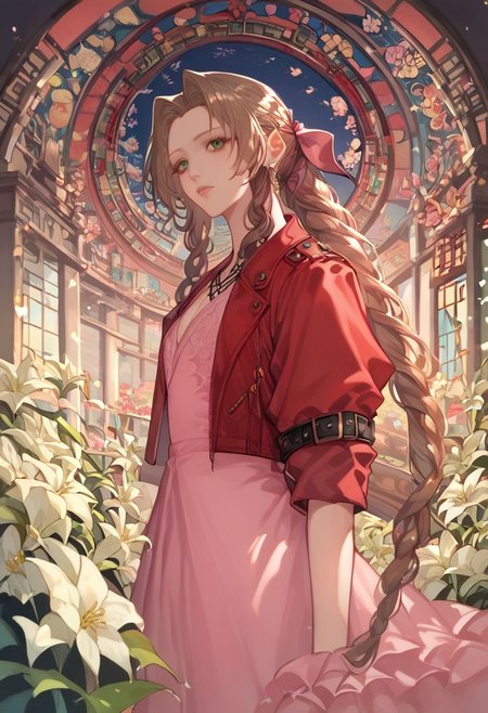 (score_10, score_9_up, score_8_up, score_7_up,) 1girl, aerith gainsborough, brown hair, braid, long hair, green eyes, hair ribbon, pink dress, red jacket, cropped jacket, best quality, high quality, masterpiece, highres, cathedral interior, flower, white lilies, stained glass, asymmetric, extremely detailed CG, extremely detailed 8K wallpaper, extremely detailed character, solo, sharp focus, (dramatic angle:1.2), cinematic lighting, extremely delicate and beautiful, absurdres, incredibly_absurdres, bloom, glow, bokeh, jewelry, ornaments, Painstaking Attention To Details ,s0m