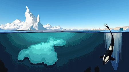 An enchanting scene capturing the Arctic wilderness. Above water, towering icebergs and expansive ice sheets under a clear, blue sky. Below water, a majestic Orca swims dynamically with power in the crystal-clear, icy waters of the Arctic Ocean. The artwork showcases the pristine, captivating beauty of the Arctic landscape both above and below the waterline. Oil painting, highly detailed and vivid colors, various shades of blue, and stunning light reflections. digital art, digital painting, matte painting.