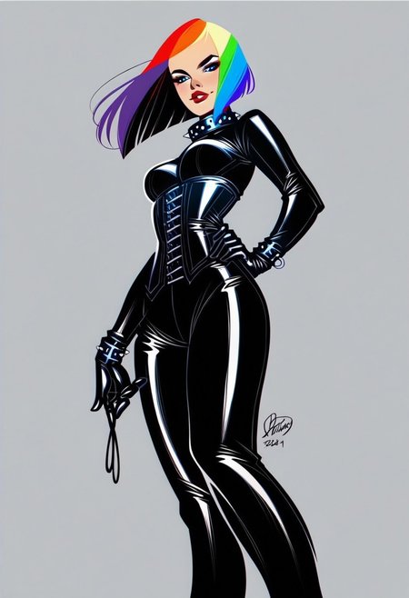 score_9, score_8_up, score_7_up, dutch_angle, from_below, footwear_focus, simple_background.
 BREAK 
A beautiful petite woman in her 20s with a rainbow hair in black leather bodysuit, long sleeves, cowboy shot, head turned, looking at viewer, hair flowing, head tilted, black rubber gloves, corset, HW_Corset, collar, tight black latex pants, belts, slim body, posing in a rainy street