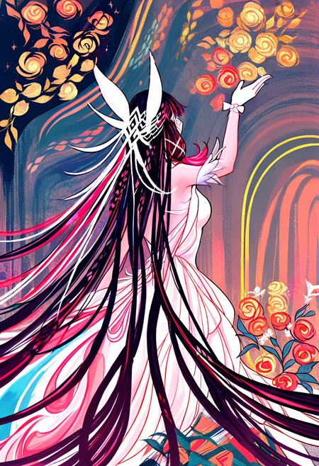columbina \(genshin impact\), 1girl, long hair, dress, very long hair, solo, white dress, hair ornament, black hair, absurdly long hair, bare shoulders, colorful, gloves, wings, flower <lora:cqtlatteXL_NBVP1_lokr_V6311P:0.95>