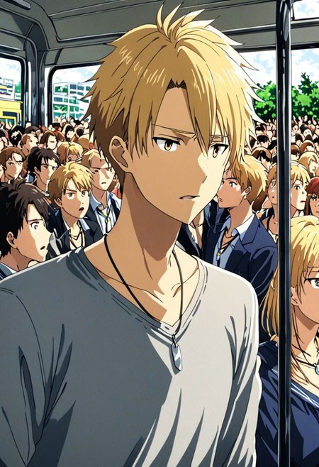 high resolution, solo, best quality, 1Boy, Yamato Ishida, Blond Hair, Necklace, inside a bus, crowd, horny, OverallDetail