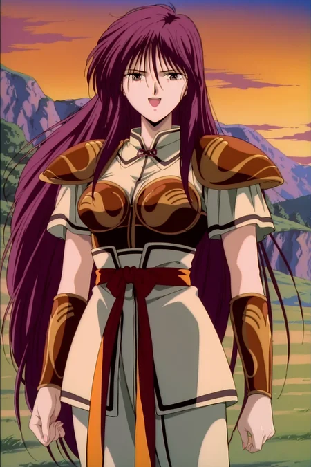 anime screencap, anime coloring, detailed face, masterpiece, best quality, absurdres, official style, amazing quality highres, amazing quality, scenery, beautiful detailed hair, beautiful detailed eyes, defined fingers, five fingers,
anime coloring, anime screencap, detailed face,
 <lora:Soi_Fushigi_Yuugi:1>
retro artstyle,1990s (style), 
Soi battle outfit, Soi (character), 1girl, solo, long hair, hair down armor, breastplate, looking at viewer, brown eyes, magenta hair, smile, :D, open mouth, cowboy shot,
outdoors, landscape, evening, sunset,