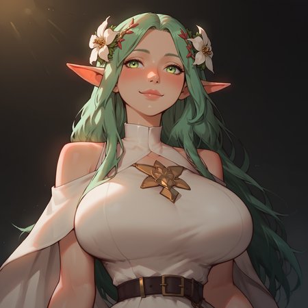 rhea \(fire emblem\), 1girl, solo, long hair, breasts, blush, smile, large breasts, hair ornament, dress, closed mouth, bare shoulders, green eyes, upper body, flower, green hair, pointy ears, belt, hair flower, white dress, parted bangs, looking to the side, lips, clothing cutout, white flower, black background, elf, buckle, patreon username, black belt, belt buckle, pink lips, nose, 