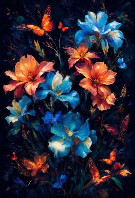 vibrant orange and blue Irises flowers and glowing red butterflies against a pitch-black background Painterly,  surreal, vibrant glow, bokeh, 16k,