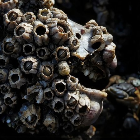 Cinematic macro photograph, an extreme close-up revealing a woman's face as it is horrifically overwhelmed and suffocated by dense, dry barnacle encrustations. The scene is lit by clear, bright, slightly overcast daylight, casting soft, subtle shadows that define the contours of her features beneath the parasitic growth, allowing the varied matte textures of the barnacles to be the primary focus. Her facial skin is entirely consumed by a chitinous, calcified mass of closely packed, conical barnacle shells. These shells, utterly dry and matte, exhibit a disturbing range of desaturated, dusty colors: some are chalky greyish-white, others show faint pinkish or purplish striations around their edges, while larger, more established ones fused to her cheekbones or forehead are stained with dull ochre, pale lime green, or hints of tarnished blue, emphasizing their fossilized, invasive nature. The fused clusters form an irregular, abrasive topography over her nose, lips, and eyelids, with individual apertures appearing as dark, empty voids within the dry, variously hued stony structures, where her eyes or mouth should be. The shallow depth of field achieves razor-sharp focus on a specific section of the dense barnacle field on her face, rendering the minute, dry details of each calcified, subtly colored shell and their interlocking, suffocating formation with immaculate clarity and hyper-detail. Though lit by daylight, the sheer unrelenting overgrowth violating human features creates a profound Cronenberg-esque sense of biological invasion and psychological dread, feeling visceral and disturbing in its chitinous, desiccated, yet subtly colored horror. Muted, slightly varied colour palette reflecting the barnacles. Modern, high-resolution digital photograph.
